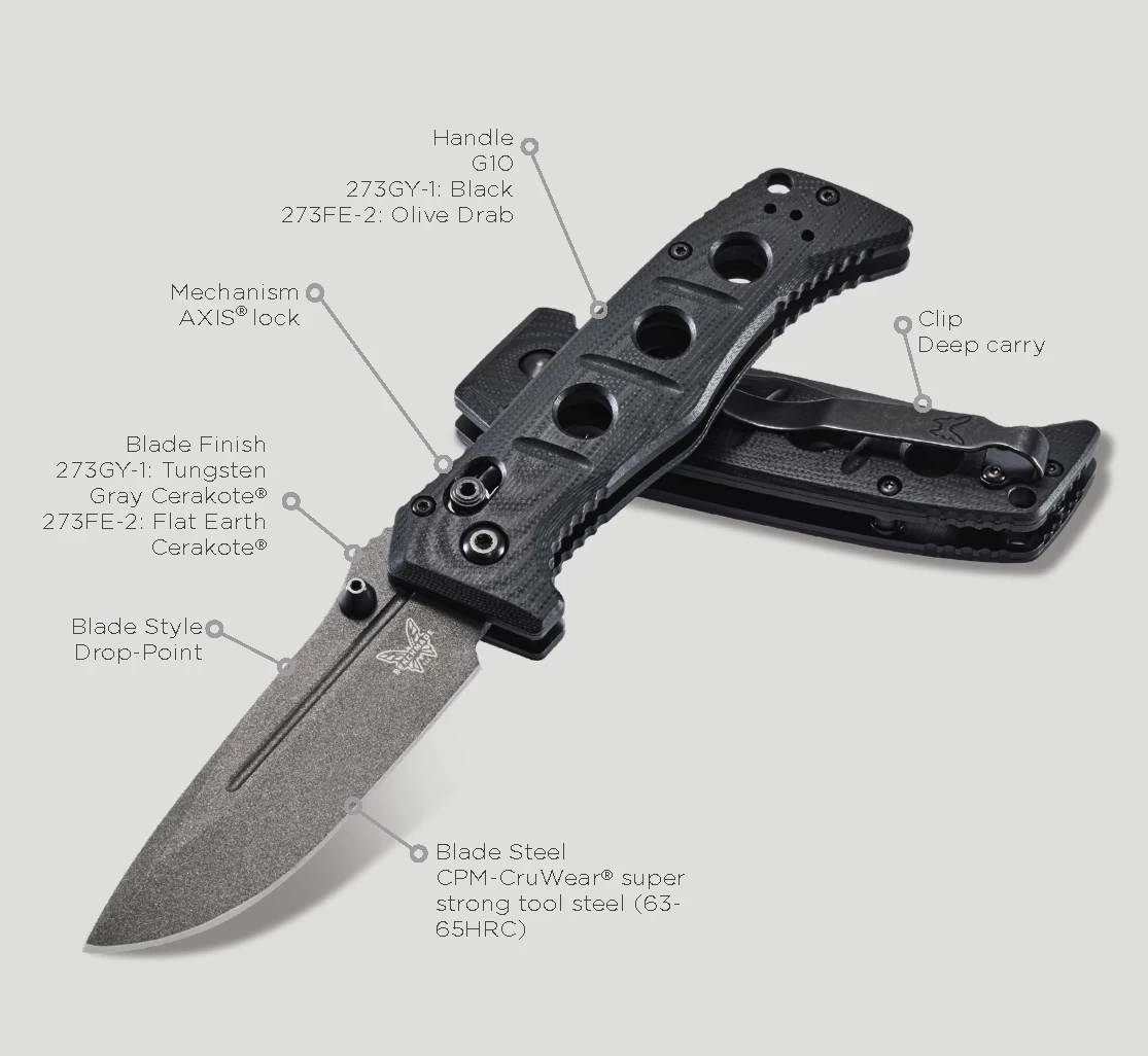 Benchmade Mini ADAMAS Grey CPM-CruWear® Steel Black Handle Folder Knife - 273GY-1 - Image 6