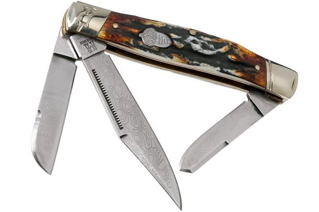 Rough Ryder Stockman Cinnamon Stag RR2160 Damascus Slipjoint Pocket Knife